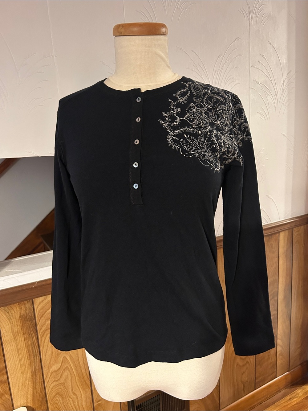 Black Long-Sleeve Henley Top with Silver Embroidery